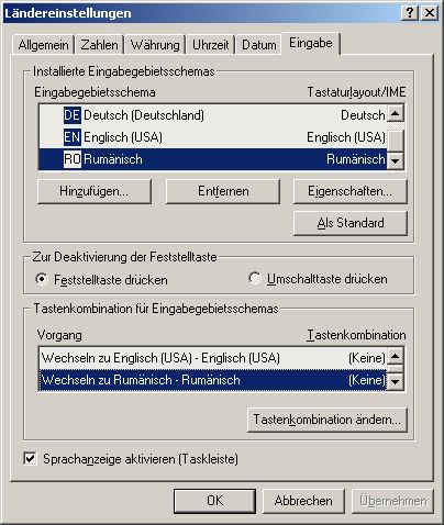 Systemsteuerung: Lndereinstellungen: Eingabegebietsschema