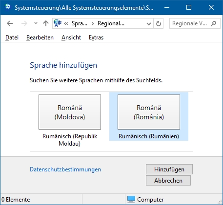 Start > Systemsteuerung > Sprache > Sprache hinzufgen