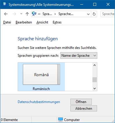 Start > Systemsteuerung > Sprache > Sprache hinzufgen